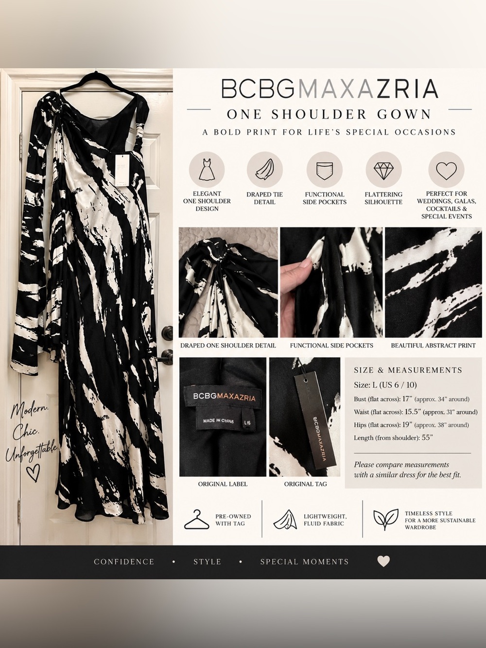 BCBGMAXAZRIA Black White One Shoulder Draped Formal Dress Size L